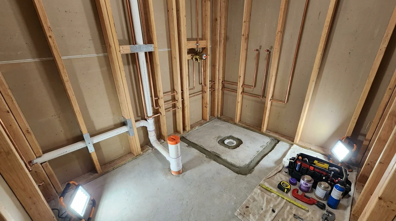 Bathroom rough-in plumbing during remodel by Johns Plumbing LLC in Swarthmore