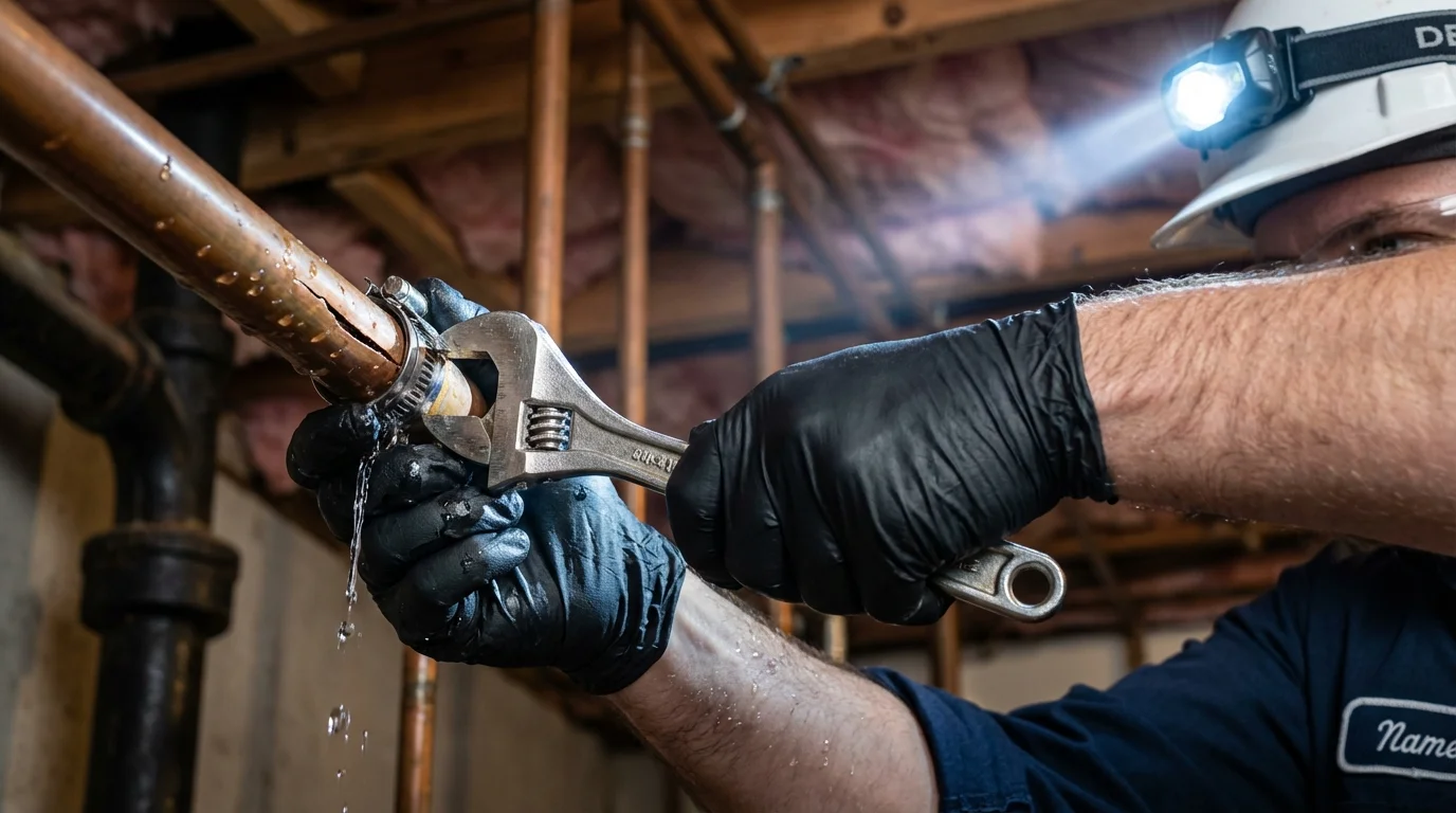 Emergency pipe clamp repair being performed by a Johns Plumbing LLC plumber in Swarthmore