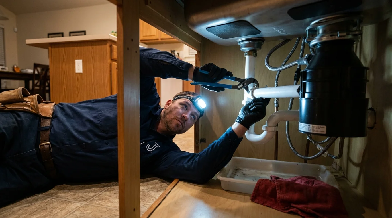 P-trap and supply line connections under a kitchen sink showing a common leak point in Swarthmore, PA